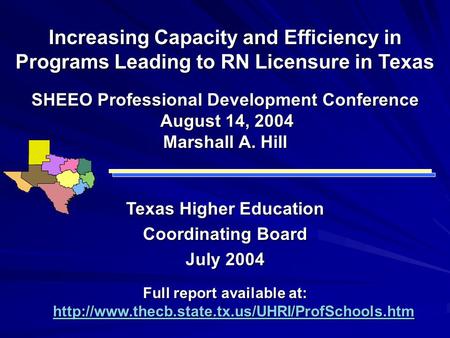 Increasing Capacity and Efficiency in Programs Leading to RN Licensure in Texas Texas Higher Education Coordinating Board July 2004 Full report available.