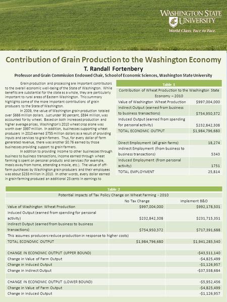 Contribution of Grain Production to the Washington Economy T. Randall Fortenbery Professor and Grain Commission Endowed Chair, School of Economic Sciences,