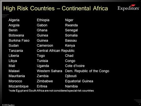 1 © 2000 Expeditors High Risk Countries – Continental Africa AlgeriaEthiopiaNiger AngolaGabonRwanda BeninGhanaSenegal BotswanaGuineaSomalia Burkina FasoGuinea.