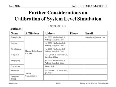 Doc.: IEEE 802.11-14/0053r0 Submission Jan. 2014 Zhang Jiayin (Huawei Technologies)Slide 1 Further Considerations on Calibration of System Level Simulation.