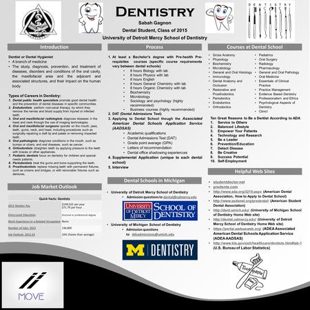 Dentist or Dental Hygienist A branch of medicine The study, diagnosis, prevention, and treatment of diseases, disorders and conditions of the oral cavity,