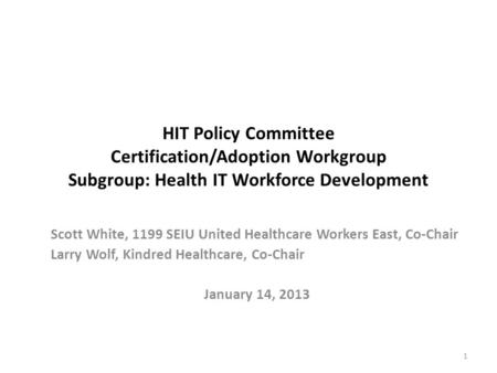 HIT Policy Committee Certification/Adoption Workgroup Subgroup: Health IT Workforce Development Scott White, 1199 SEIU United Healthcare Workers East,