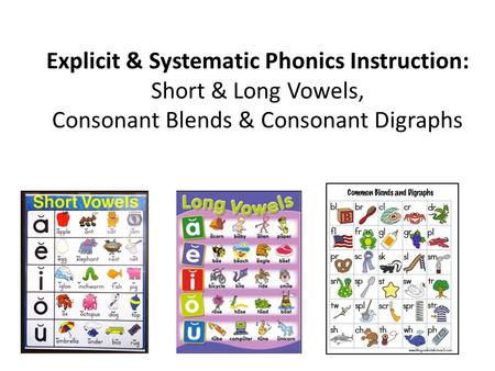 Explicit & Systematic Phonics Instruction: Short & Long Vowels, Consonant Blends & Consonant Digraphs.