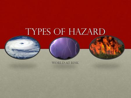 TYPES OF HAZARD WORLD AT RISK. What you should achieve this lesson Know some key terms in relation to the topicKnow some key terms in relation to the.