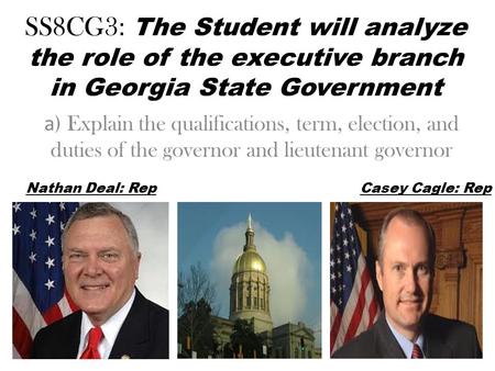 SS8CG3: The Student will analyze the role of the executive branch in Georgia State Government a) Explain the qualifications, term, election, and duties.