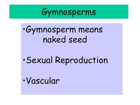 Gymnosperms Gymnosperm means naked seed Sexual Reproduction Vascular.