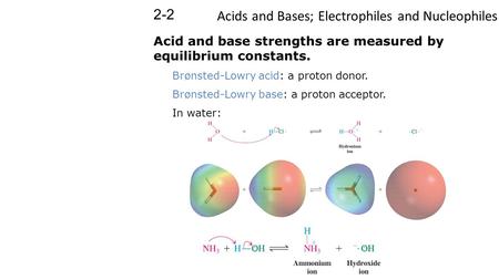 Acids and Bases; Electrophiles and Nucleophiles 2-2 Acid and base strengths are measured by equilibrium constants. Brønsted-Lowry acid: a proton donor.