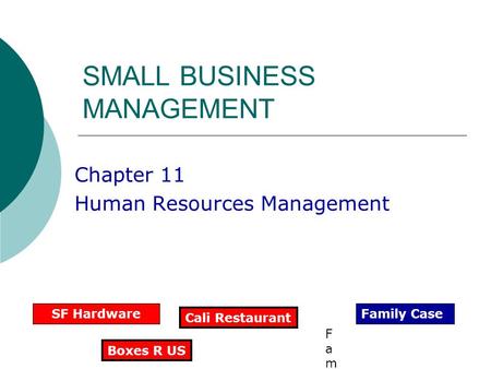SMALL BUSINESS MANAGEMENT Chapter 11 Human Resources Management SF Hardware Family caseFamily case Family Case Cali Restaurant Boxes R US.