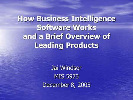 How Business Intelligence Software Works and a Brief Overview of Leading Products Jai Windsor MIS 5973 December 8, 2005.