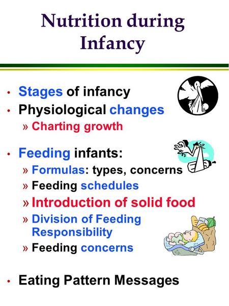 Stages of infancy Physiological changes »Charting growth Feeding infants: »Formulas: types, concerns »Feeding schedules »Introduction of solid food »Division.