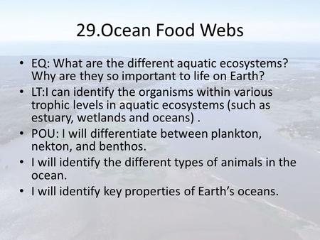 29.Ocean Food Webs EQ: What are the different aquatic ecosystems? Why are they so important to life on Earth? LT:I can identify the organisms within various.