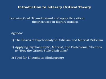 Introduction to Literary Critical Theory Learning Goal: To understand and apply the critical theories used in literary studies. Agenda: 1)The Basics of.