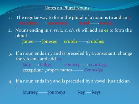 Notes on Plural Nouns 1.The regular way to form the plural of a noun is to add an s. associate associatesnovel novels 2.Nouns ending in s, ss, x, z, ch,