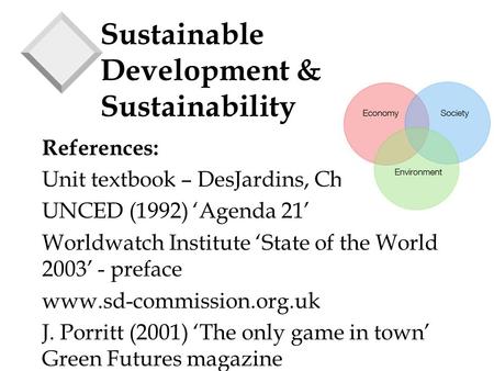 Sustainable Development & Sustainability References: Unit textbook – DesJardins, Chapter 1 UNCED (1992) ‘Agenda 21’ Worldwatch Institute ‘State of the.