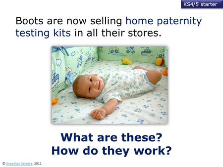 Boots are now selling home paternity testing kits in all their stores. KS4/5 starter © Snapshot Science, 2011Snapshot Science What are these? How do they.