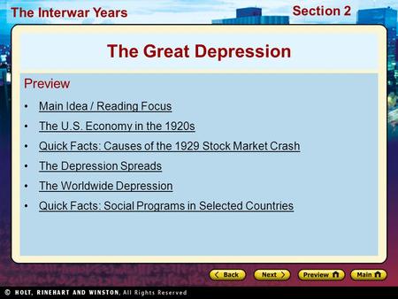 The Great Depression Preview Main Idea / Reading Focus