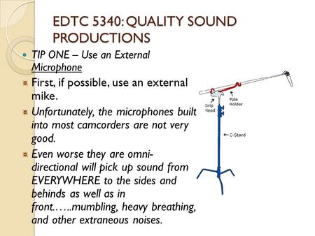 EDTC 5340: QUALITY SOUND PRODUCTIONS TIP ONE – Use an External Microphone First, if possible, use an external mike. Unfortunately, the microphones built.