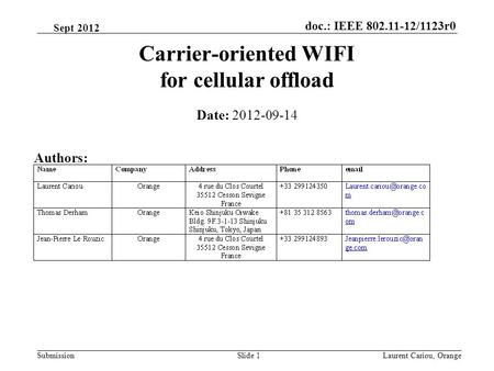 Doc.: IEEE 802.11-12/1123r0 SubmissionLaurent Cariou, OrangeSlide 1 Carrier-oriented WIFI for cellular offload Date: 2012-09-14 Authors: Sept 2012.