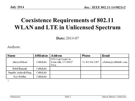 Submission doc.: IEEE 802.11-14/0821r2 July 2014 Alireza Babaei, CableLabsSlide 1 Coexistence Requirements of 802.11 WLAN and LTE in Unlicensed Spectrum.