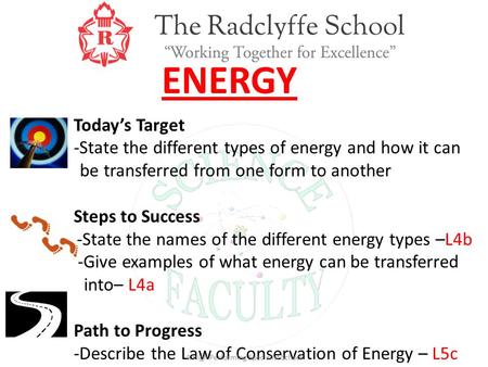 ENERGY Today’s Target -State the different types of energy and how it can be transferred from one form to another Steps to Success -State the names of.