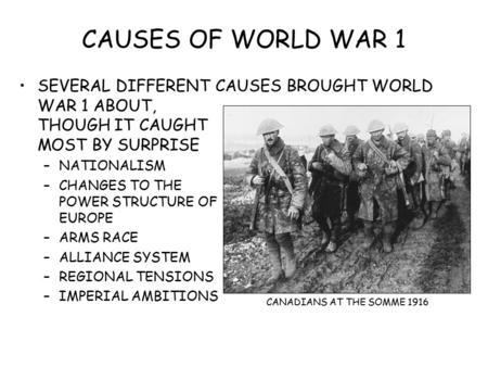 CAUSES OF WORLD WAR 1 SEVERAL DIFFERENT CAUSES BROUGHT WORLD WAR 1 ABOUT, THOUGH IT CAUGHT MOST BY SURPRISE –NATIONALISM –CHANGES TO THE POWER STRUCTURE.