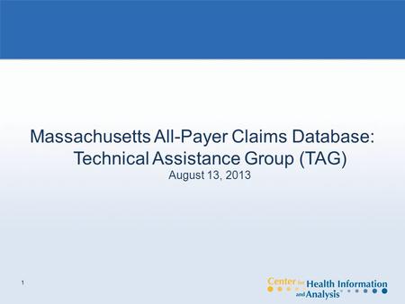 1 Massachusetts All-Payer Claims Database: Technical Assistance Group (TAG) August 13, 2013.