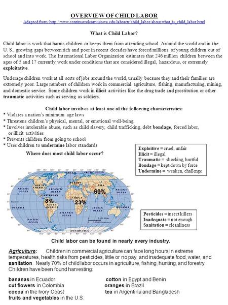 OVERVIEW OF CHILD LABOR Adapted from:  What is Child Labor? Child.