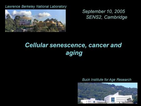 Cellular senescence, cancer and aging Buck Institute for Age Research Lawrence Berkeley National Laboratory September 10, 2005 SENS2, Cambridge.