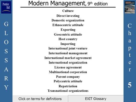 Chapter5Chapter5 GLOSSARYGLOSSARY EXIT Glossary Modern Management, 9 th edition Click on terms for definitions Culture Direct investing Domestic organization.