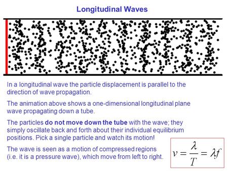 Longitudinal Waves In a longitudinal wave the particle displacement is parallel to the direction of wave propagation. The animation above shows a one-dimensional.
