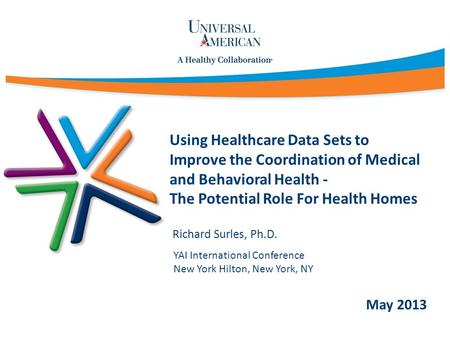 Using Healthcare Data Sets to Improve the Coordination of Medical and Behavioral Health - The Potential Role For Health Homes Richard Surles, Ph.D. May.
