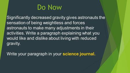 Do Now Significantly decreased gravity gives astronauts the sensation of being weightless and forces astronauts to make many adjustments in their activities.