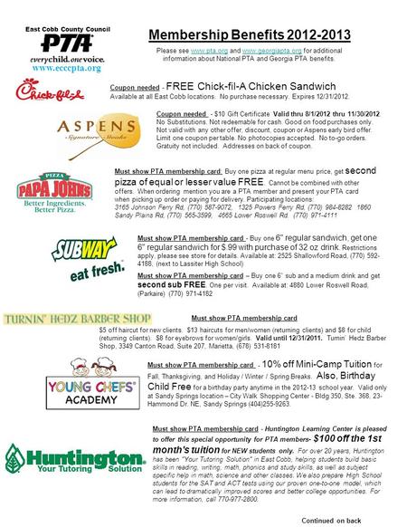 Coupon needed - FREE Chick-fil-A Chicken Sandwich Available at all East Cobb locations. No purchase necessary. Expires 12/31/2012. Continued on back Membership.