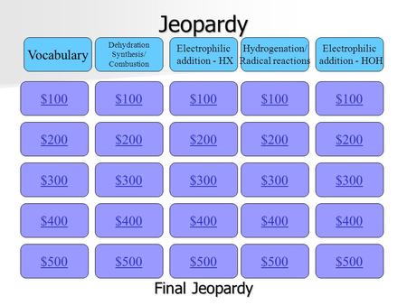 Jeopardy $100 Vocabulary Dehydration Synthesis/ Combustion Electrophilic addition - HX Hydrogenation/ Radical reactions Electrophilic addition - HOH $200.