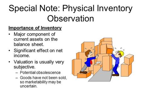 Special Note: Physical Inventory Observation Importance of Inventory Major component of current assets on the balance sheet. Significant effect on net.