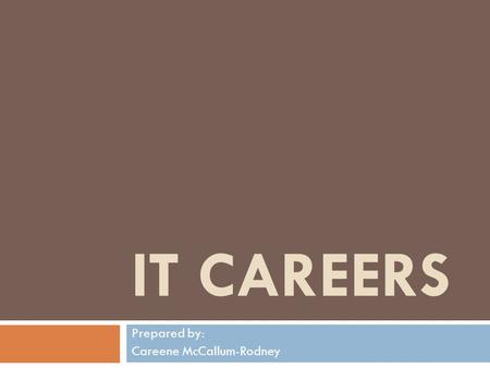 IT CAREERS Prepared by: Careene McCallum-Rodney. Computer Technician  Computer technicians:  install,  repair,  maintain,  and analyze many different.