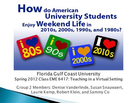 Florida Gulf Coast University Spring 2012 Class EME 6417: Teaching in a Virtual Setting.