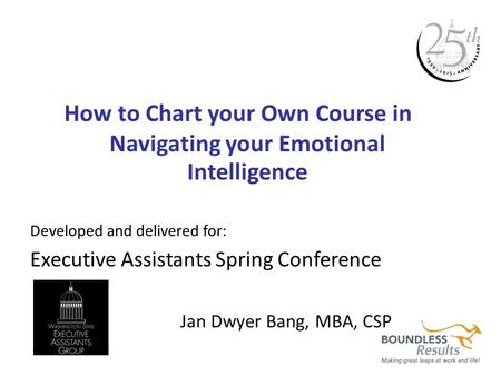 How to Chart your Own Course in Navigating your Emotional Intelligence Developed and delivered for: Executive Assistants Spring Conference Jan Dwyer Bang,