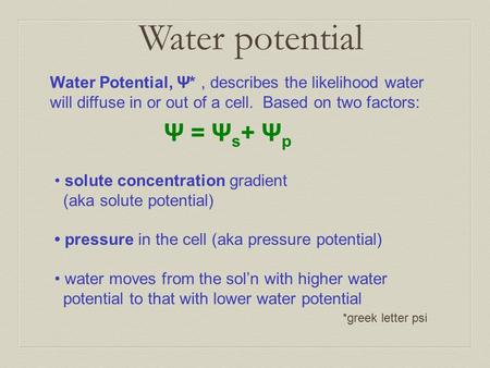 Water potential Ψ = Ψs+ Ψp