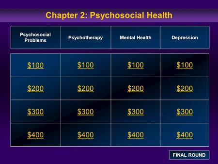 Chapter 2: Psychosocial Health $100 $200 $300 $400 $100$100$100 $200 $300 $400 Psychosocial Problems PsychotherapyMental HealthDepression FINAL ROUND.