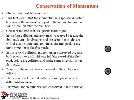 © 2001-2007 Shannon W. Helzer. All Rights Reserved. Conservation of Momentum  Momentum must be conserved.  This fact means that the momentum in a specific.