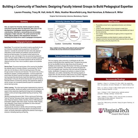 Building a Community of Teachers: Designing Faculty Interest Groups to Build Pedagogical Expertise Lauren Pressley, Tracy M. Hall, Anita R. Walz, Heather.