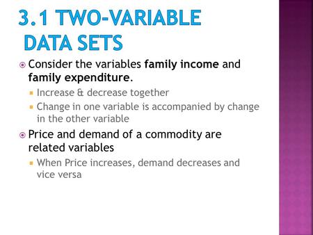  Consider the variables family income and family expenditure.  Increase & decrease together  Change in one variable is accompanied by change in the.