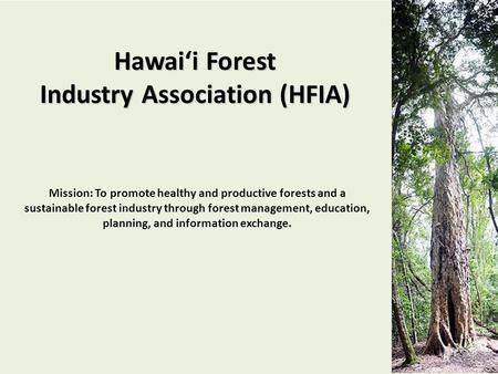 Hawai‘i Forest Industry Association (HFIA) Mission: To promote healthy and productive forests and a sustainable forest industry through forest management,