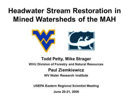 Headwater Stream Restoration in Mined Watersheds of the MAH Todd Petty, Mike Strager WVU Division of Forestry and Natural Resources Paul Ziemkiewicz WV.