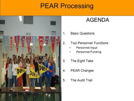 AGENDA 1.Basic Questions 2.Two Personnel Functions Personnel Input Personnel Funding 3.The Eight Tabs 4.PEAR Changes 5.The Audit Trail PEAR Processing.