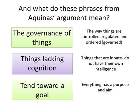 And what do these phrases from Aquinas’ argument mean? Things lacking cognition The governance of things Tend toward a goal The way things are controlled,