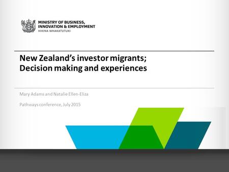 New Zealand’s investor migrants; Decision making and experiences Mary Adams and Natalie Ellen-Eliza Pathways conference, July 2015.