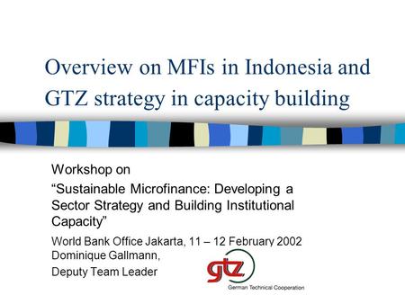 Overview on MFIs in Indonesia and GTZ strategy in capacity building Workshop on “Sustainable Microfinance: Developing a Sector Strategy and Building Institutional.