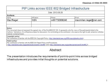 Omniran-13-0064-00-0000 1 PtP Links across IEEE 802 Bridged Infrastructure Date: 2013-08-28 Authors: NameAffiliationPhone Max